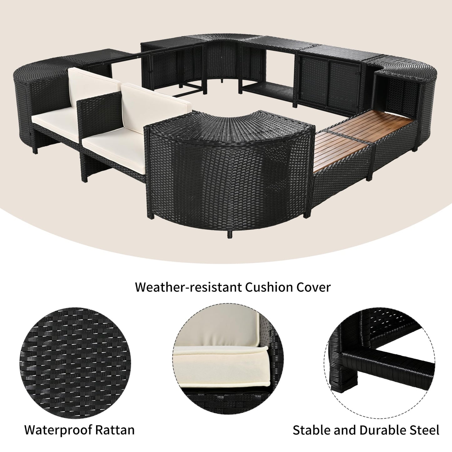Merax Patio Furniture Set with Mini Sofa, Wooden Seats and Storage Spaces, Outdoor Conversation Sets for Patio, Lawn, Garden