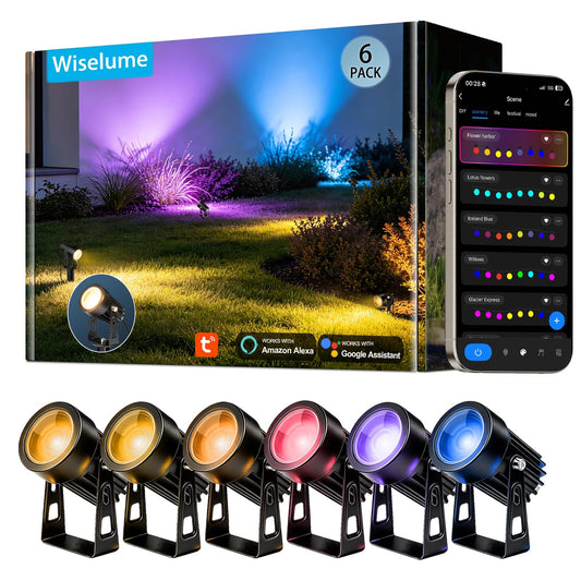 WISELUME RGBCW Smart Outdoor Landscape Lighting, 6 Pack Outdoor Spot Lights with Transformer, WiFi+Bluetooth App Control Garden Path Lights, Low Voltage IP65 Waterproof for Yard Walkway Plants Trees