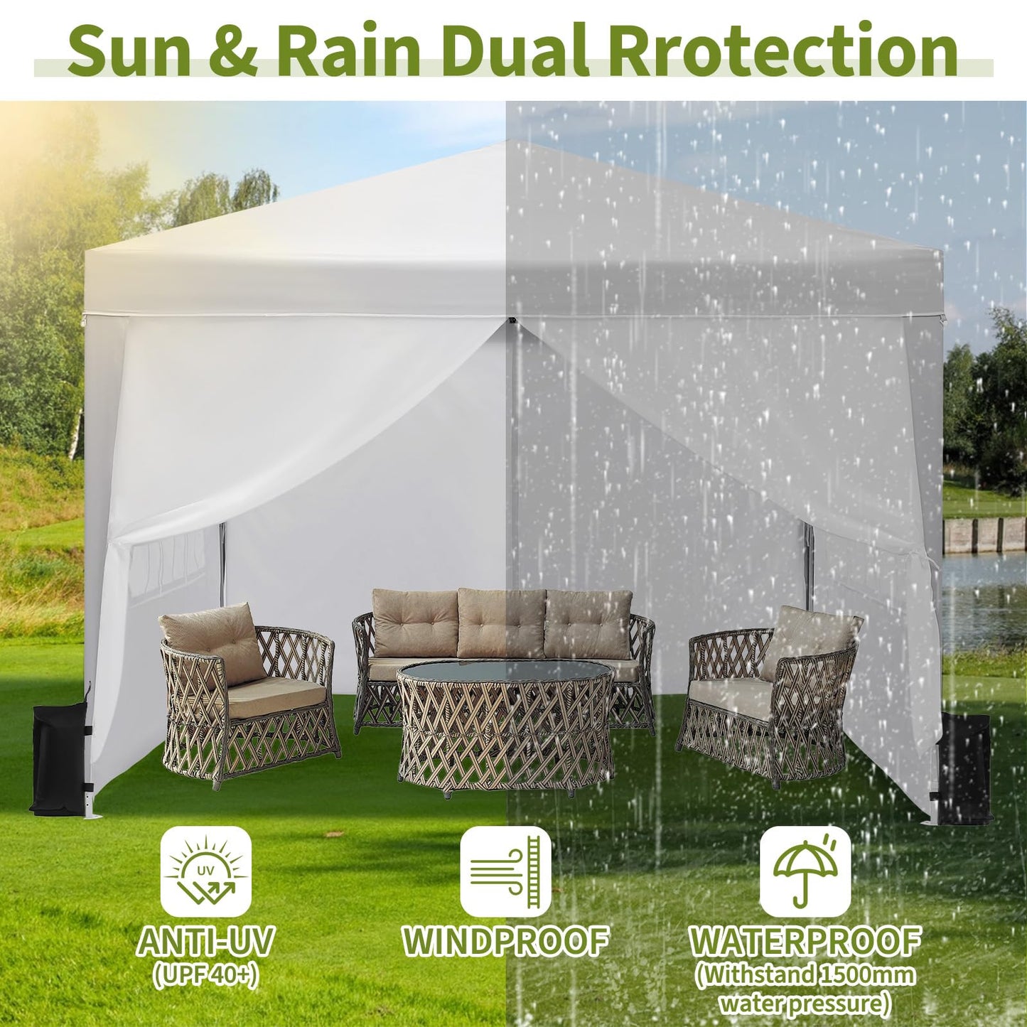 GarveeTech 10x10 Pop Up Canopy Tent with 4 Sidewalls, Heavy Duty Instant Portable Gazebo with UPF 50+ Waterproof Top & Removable Walls for Outdoor, Backyard, Beach, Camping, White