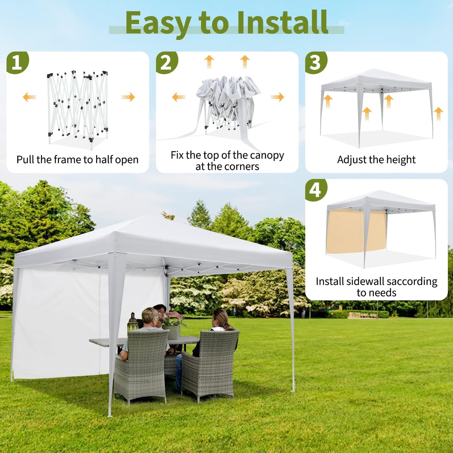 GarveeTech 10x10 Pop Up Canopy Tent with 4 Sidewalls, Heavy Duty Instant Portable Gazebo with UPF 50+ Waterproof Top & Removable Walls for Outdoor, Backyard, Beach, Camping, White