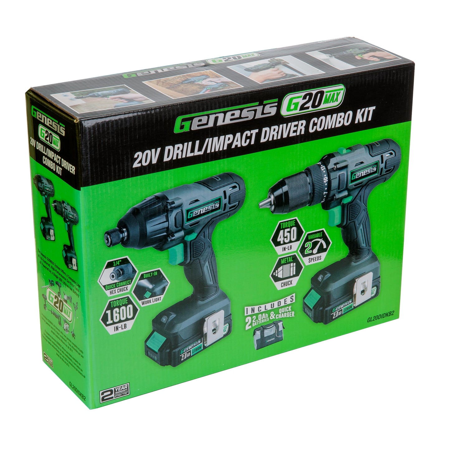 Genesis G20MAX 20V Drill/Impact Driver Combo Kit, LED Light Metal Ratcheting Chuck, 450 in-lbs drill, 1600 in-lb Impact Driver Two 2.0Ah Batteries, Charger, and Storage Bag GL20DIDKB2