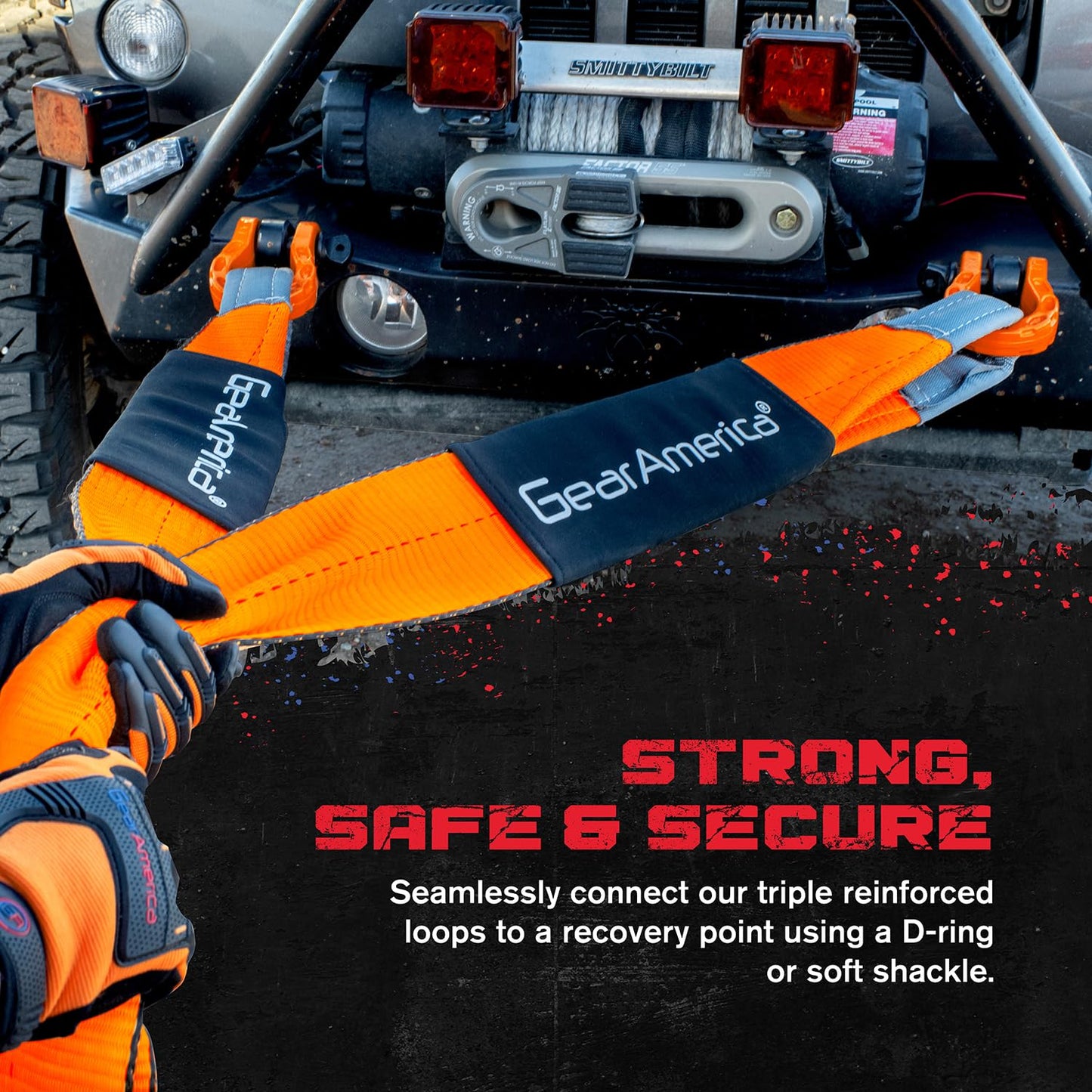 GearAmerica Off Road Recovery Kit, 25 Ton, Includes Tow Strap, Tree Saver, Mega Snatch Block Pulley, D-Ring Shackles, Winch Line Dampener Bag, Gloves - Off Road Recovery Gear, 4x4, Black