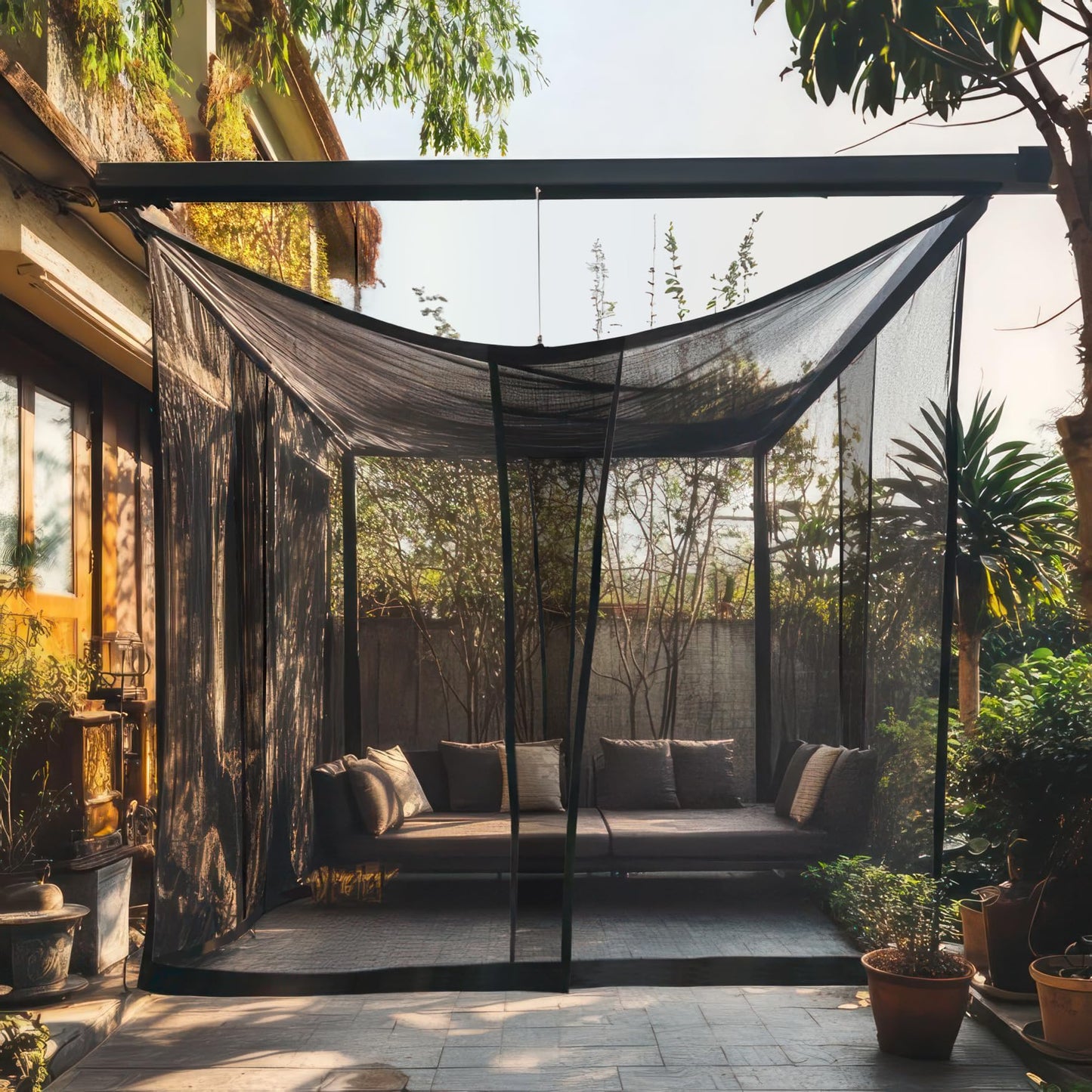 Mosquito Net for Patio 13 x 10 FT | Very Large Sizes & Fabric Designed for Outdoors | Insect House Screen Netting for Gazebo, Porch & Garden Terrace | Black Outside Canopy Bug Protection