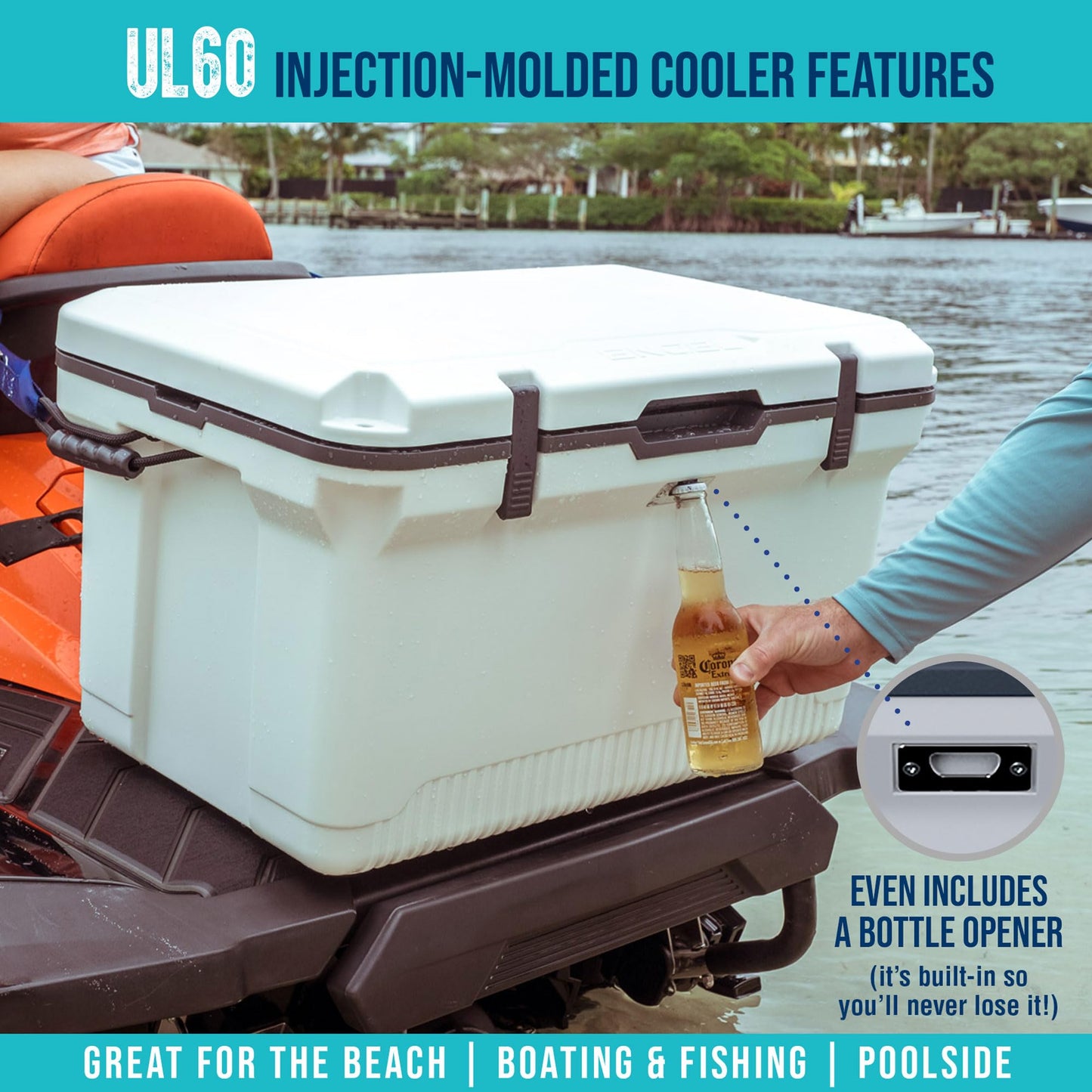 ENGEL 60 QT Ultra-Light Injection Molded Cooler - Ice Chest Keeps Ice up to 7 Days - Large Cooler Includes Wire Basket, Divider and Built-in Bottle Opener - Blue with Dark Grey Interior (Blue)