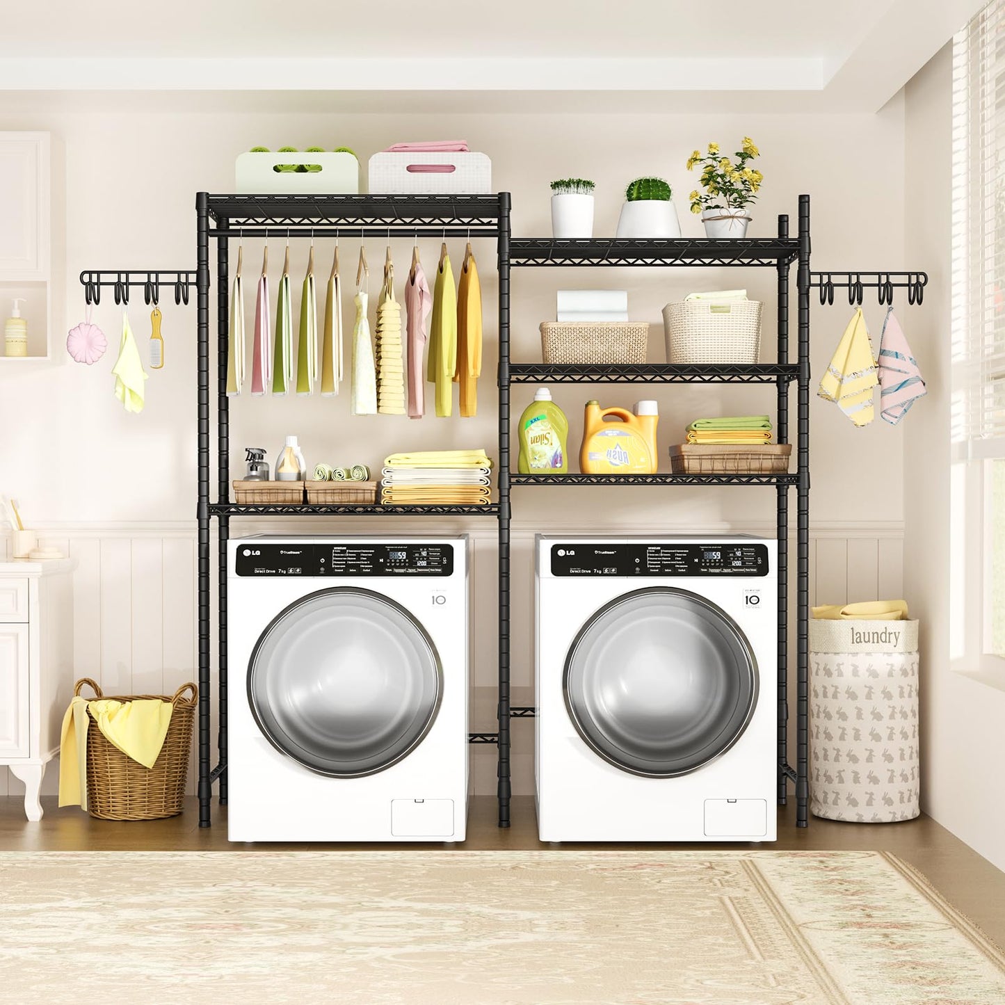 Ulif U5 Over the Washer and Dryer Storage Shelf, Laundry Room Space Saver Bathroom Storage and Organizer Rack for Hanging Towels and Drying Clothes with 5 Wire Shelves, 58.2"W x 13.4"D x 77.5"H, Black