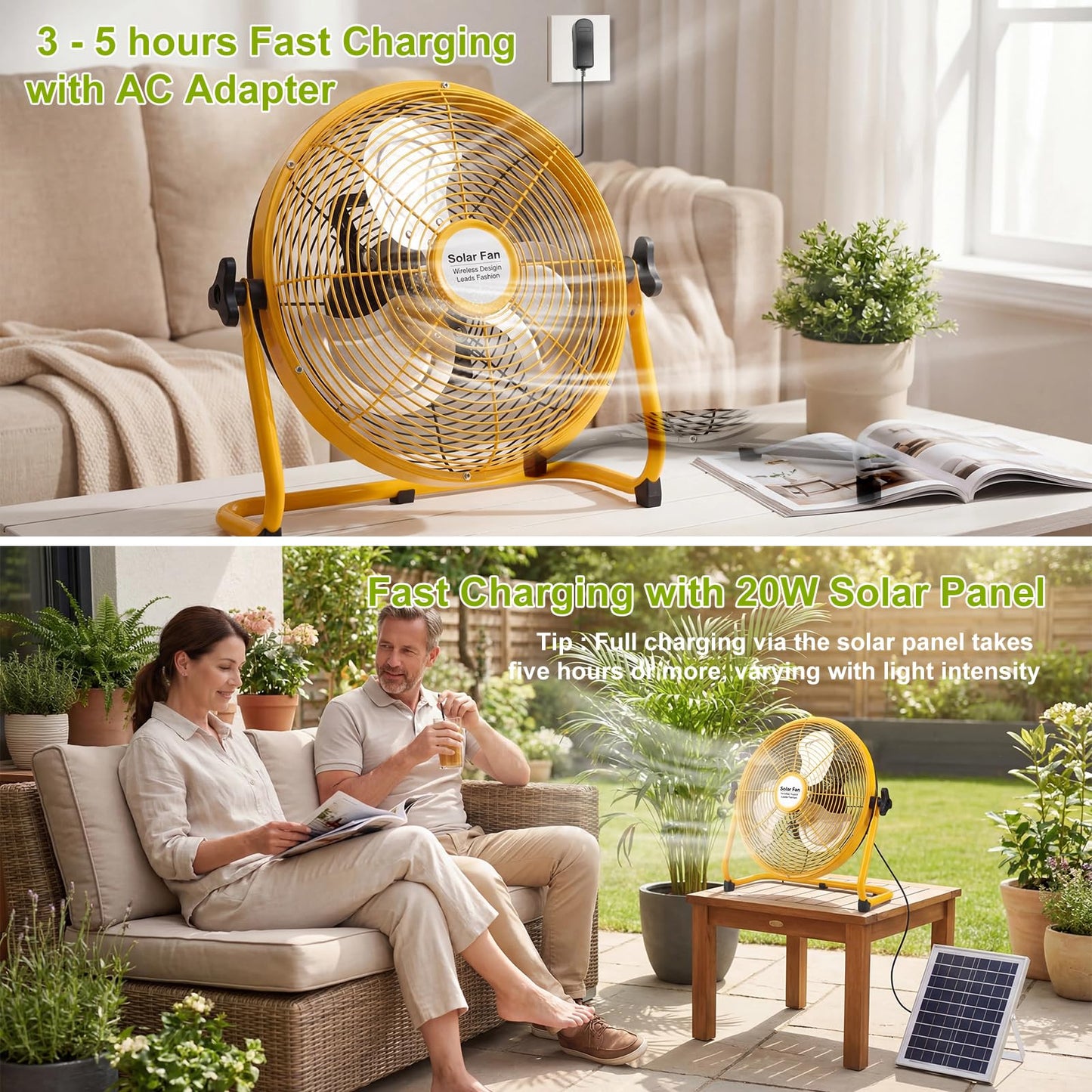 12'' Solar Powered Floor Fan Rechargeable, Long Lasting Portable Battery Operated Floor Fans with 12 Speeds, 20W Panel & AC Charging, 360° Tilt for Outdoor Camping, Chicken Coop, Garage (Yellow)
