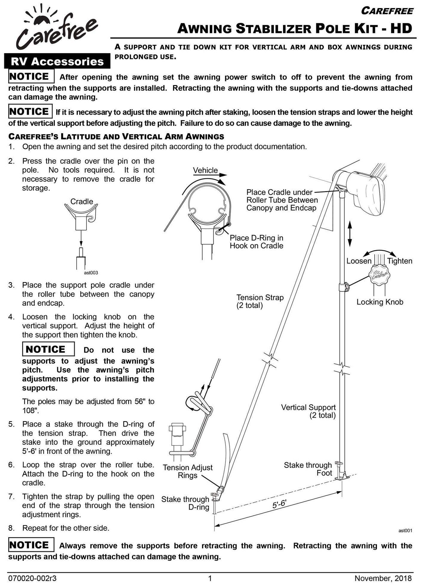 Carefree Of Colorado HD Awning Stabiliz'r Pole Kit - Awning Pole & Tie Down Kit - RV Awning Support & Accessories (108" Extended Length)