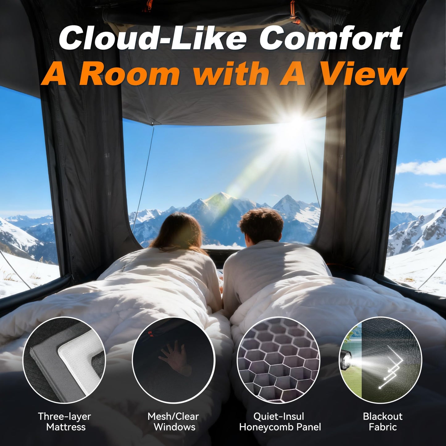 Naturnest Rooftop Tent Hard Shell, Easy Set Up Pop Up Tent for 2 Person Camping, Waterproof UV-Resistant Blackout Privacy 4 Season Tent for Truck, Jeep, SUV, Van, Trailer - Polaris 2