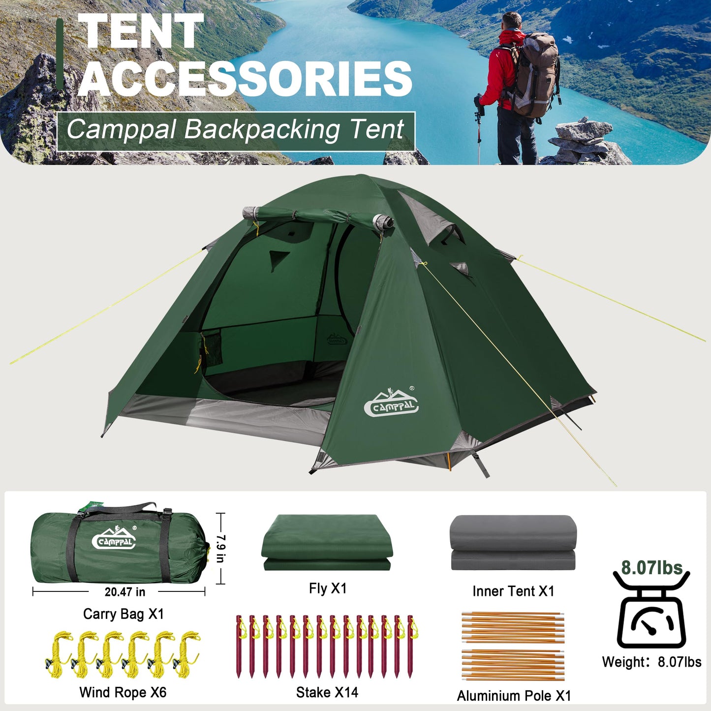 2-3 Person Backpacking Tent with Double Door 2 Vestibule, Waterproof Windproof Lightweight Easy Set Up 3 Season 2 Man Two Person Tent for Camping, Hiking, Motorcycle, Mountaineering with UPF 50+
