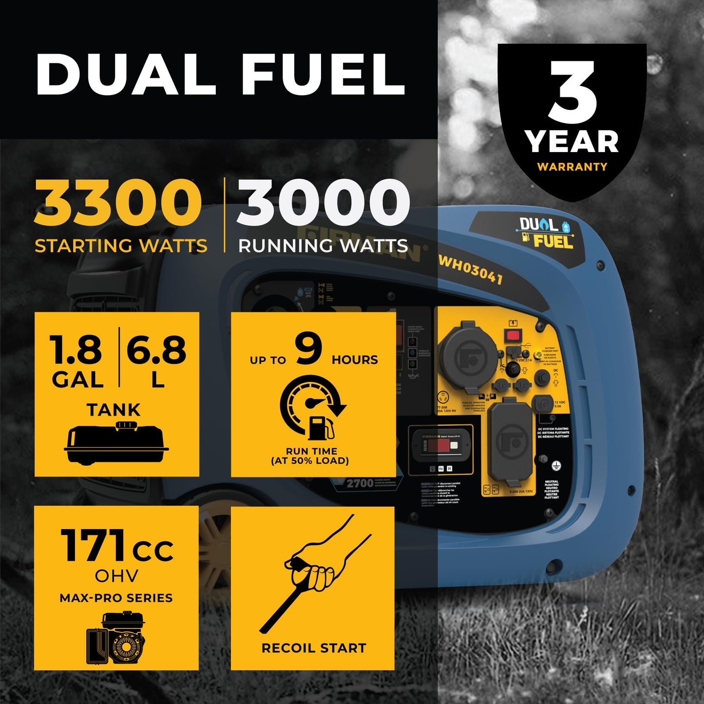 FIRMAN WH03041 Dual Fuel Inverter Portable Generator 3300W Gas Propane Recoil Start, Quiet 58dB RV Ready TT-30R, Fuel Efficient Outdoor Camping Tailgating Recreational Power Supply
