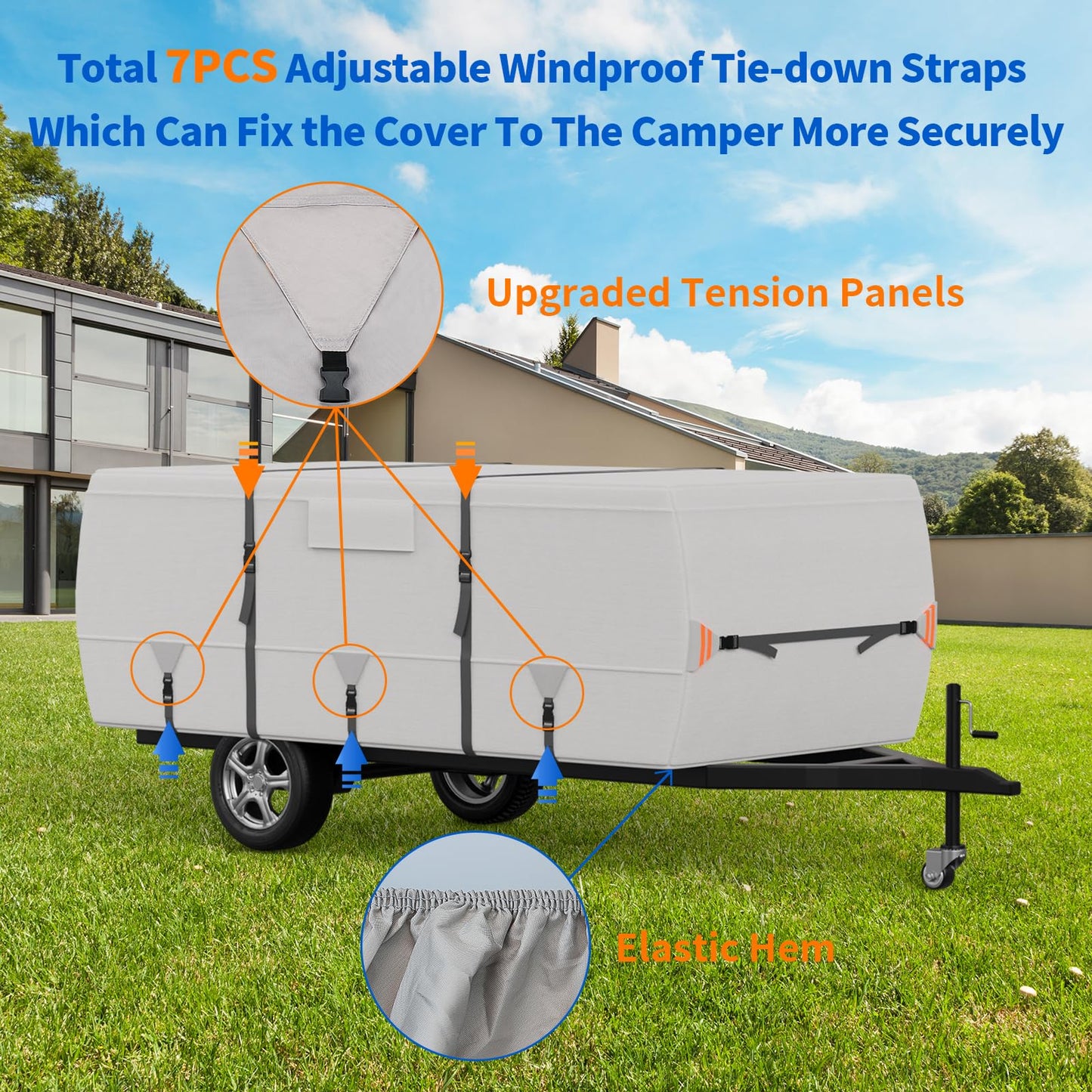 Tuszom True 900D Oxford Anti-Scratch Pop Up Camper Trailer Cover, Upgraded Waterproof Anti-UV Folding Camping RV Cover, Fit 14'-16' with 7 PCS Reinforced Windproof Straps for Motorhome