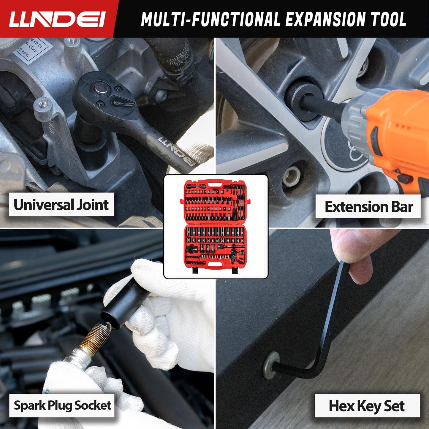 LLNDEI 1/4 & 3/8 Inch Drive Impact Socket Set, 186 Pieces Metric and Standard Full Sockets, CR-V Deep & Shallow Sockets Tool Set with Ratchet Wrench Handle, Spark Plug Socket, Bits for Mechanic