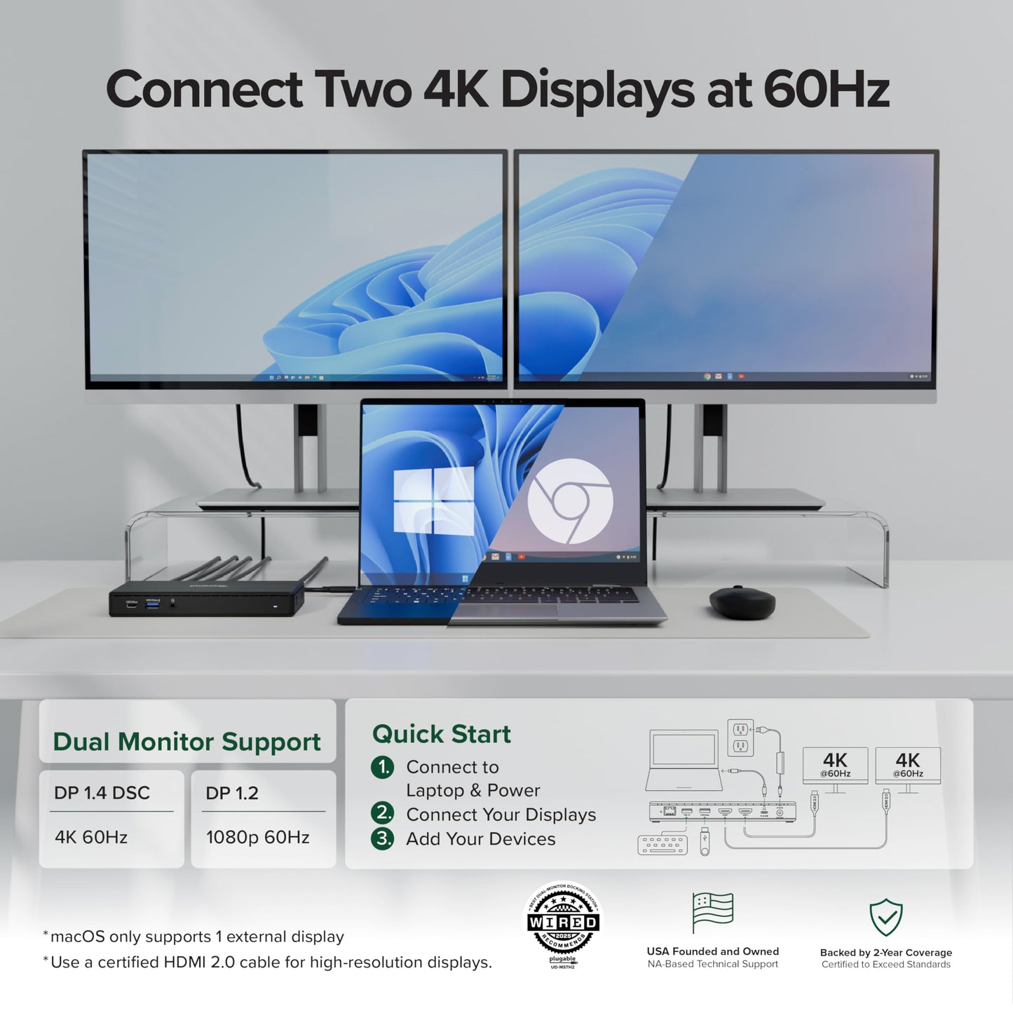 Plugable USB-C Docking Station Dual 4K 60Hz HDMI, 65W Charging, Gigabit Ethernet, 1x USB-C 5Gbps, 3X USB-A, Audio, Windows/ChromeOS, USB-C/USB4/Thunderbolt, Driverless (UD-MSTH2)
