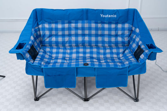 Youtanic 60" Extra Double Camping Chair, 700lbs Heavy Duty Padded Loveseat for Adults, Oversized 2 Person Folding Camp Couch with Dual Cup Holders, Portable Plaid Lawn Chair for Outside, Sports, Blue