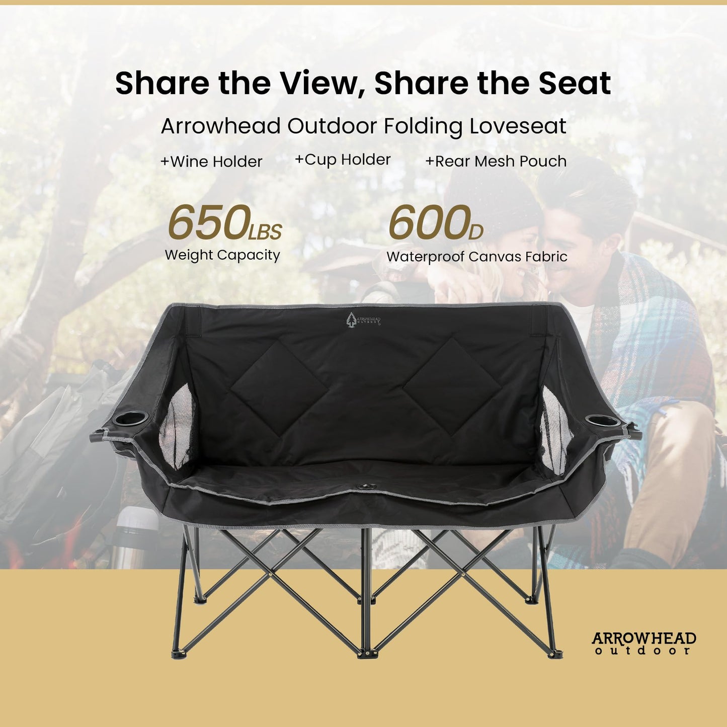 ARROWHEAD OUTDOOR 2-Pack Portable Folding Camp Loveseat Chair w/Glass & Cup Holders, Heavy Duty Carry Bag, 650 lbs Weight Capacity