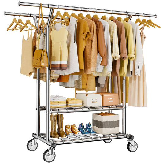 HYSEYY Heavy Duty Clothes Rack, Rolling Clothing Rack With Shelves Load 620 LBS, Double Rod Clothing Racks for Hanging Clothes, Portable& Adjustable Clothes Rack with Wheels Garment Rack