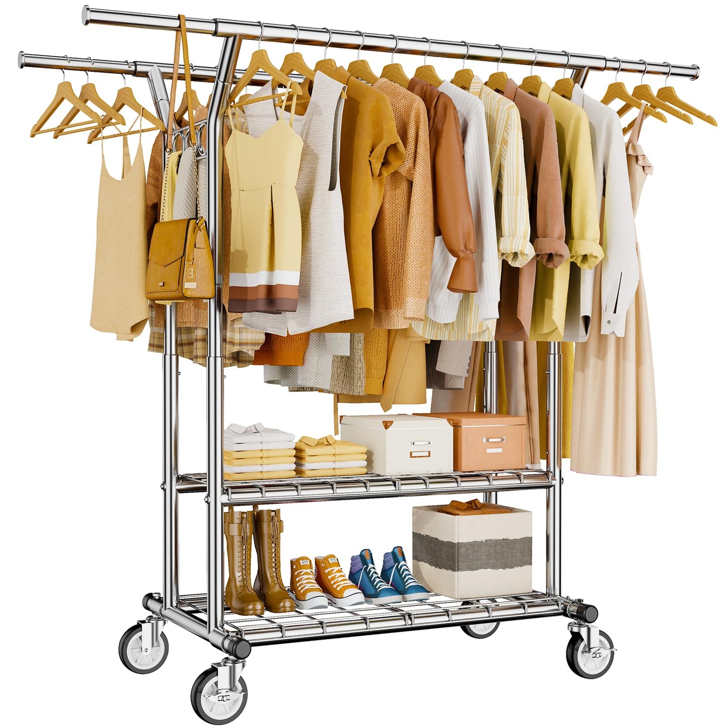 HYSEYY Heavy Duty Clothes Rack, Rolling Clothing Rack With Shelves Load 620 LBS, Double Rod Clothing Racks for Hanging Clothes, Portable& Adjustable Clothes Rack with Wheels Garment Rack