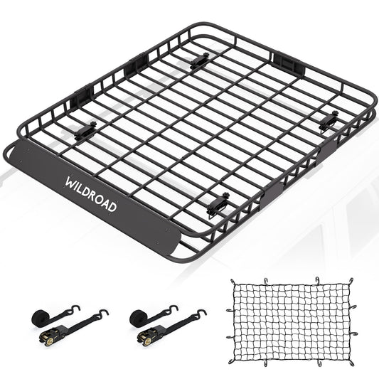 Wildroad Roof Rack Cargo Basket, Upgraded 4” Fence Wide Car Roof Basket, 64"x 50"x 4" Universal Car Top Carrier Basket with Super Duty Bungee Cargo Net and Ratchet Straps Fits for SUV Truck Cars