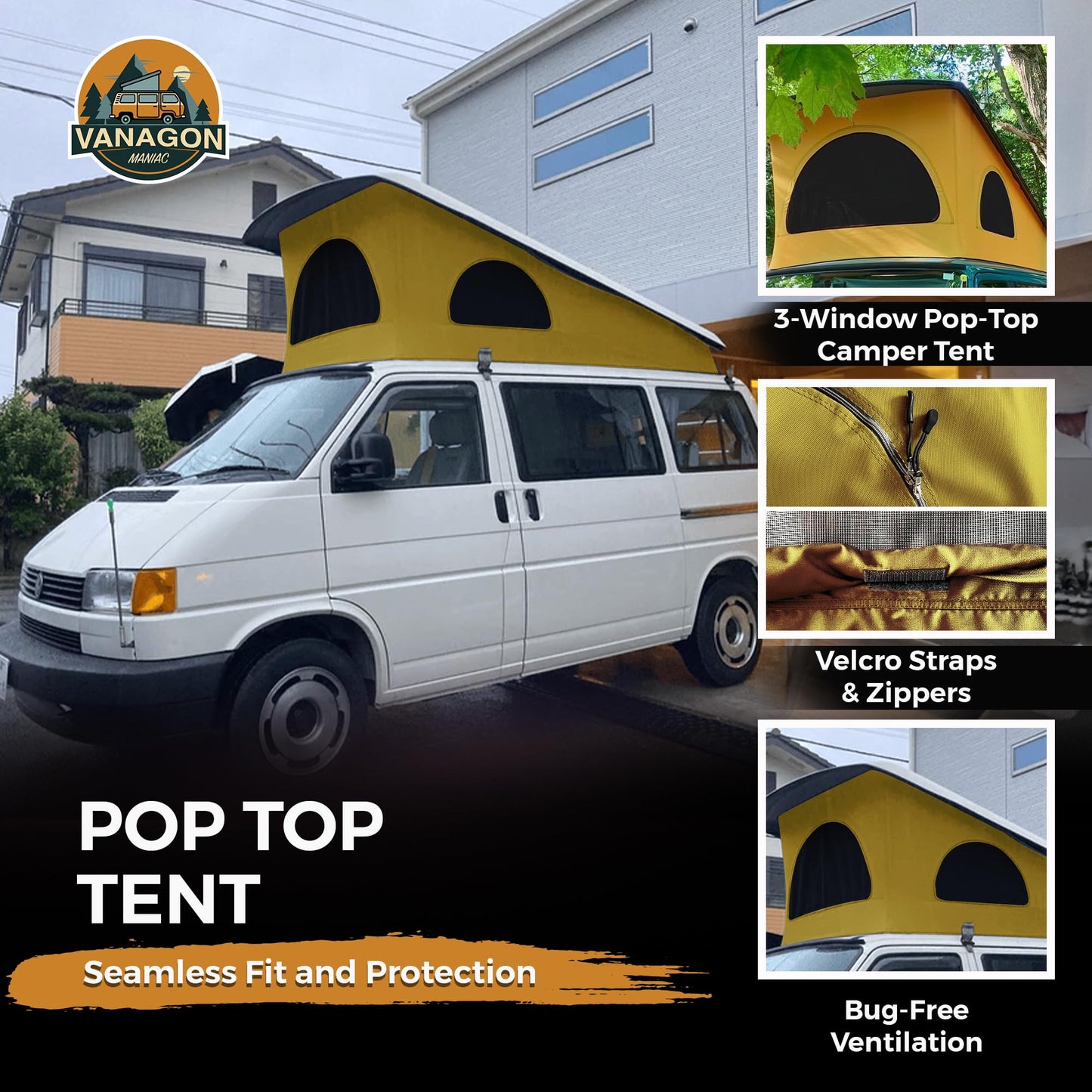 Roof Top Tent Camping 3 Window Roof Tent Pop Top Camper Gold Canvas Compatible with VW T4 Eurovan Weekender Short Wheel Based SWB Camper - Black Mosquito Net, 2 Person Rooftop Tents
