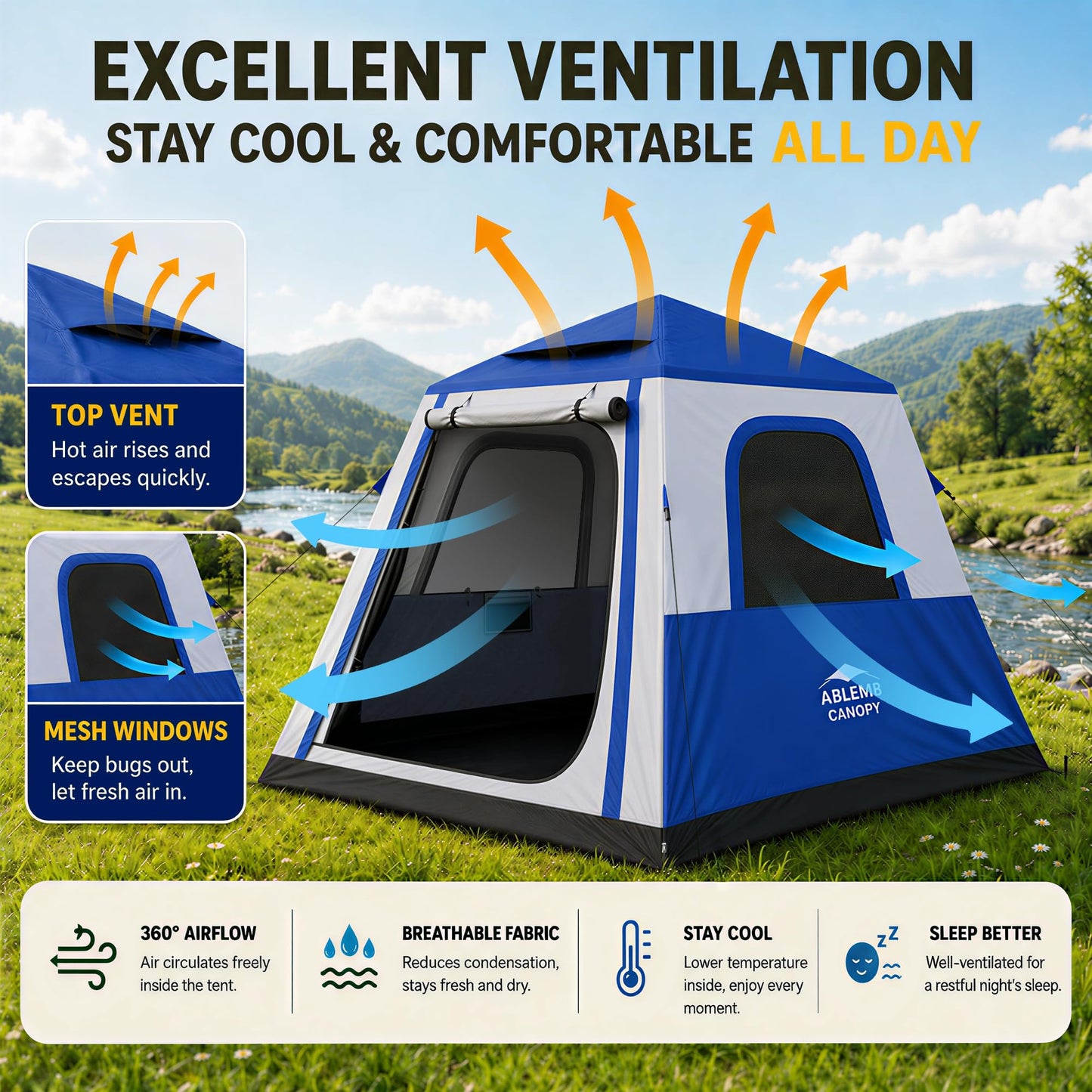 Inflatable Camping Tent with Pump, 2-4 Person Air Tent, Easy Setup Waterproof Blow Up Cabin with Awning for Outdoor Camping
