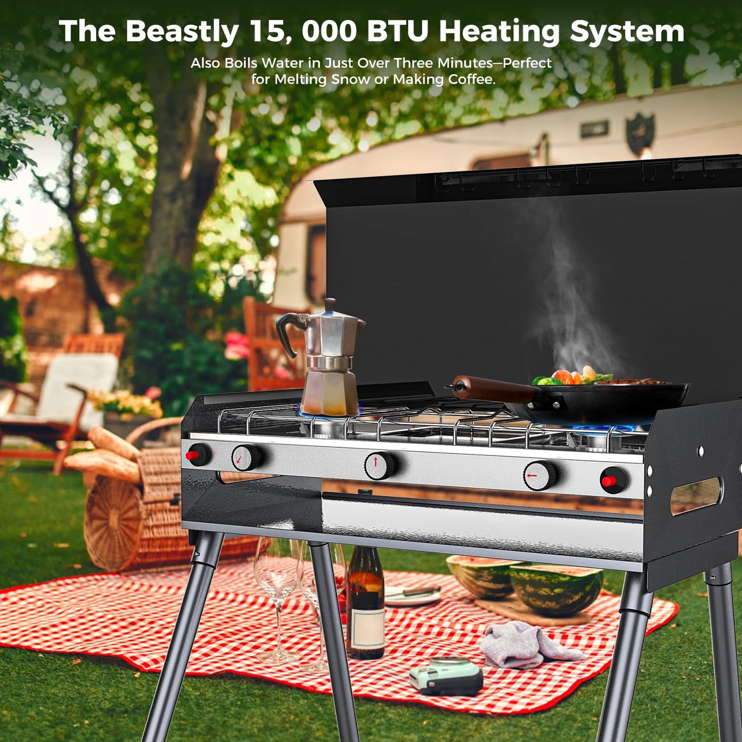 CAMPLUX 2 Burners & 1 Grill Propane Camping Stove, 15,000 BTU Portable Outdoor Propane Camping Grill Burner with Free Standing Legs, Auto-Ignition Gas Stove with Regulator, Black