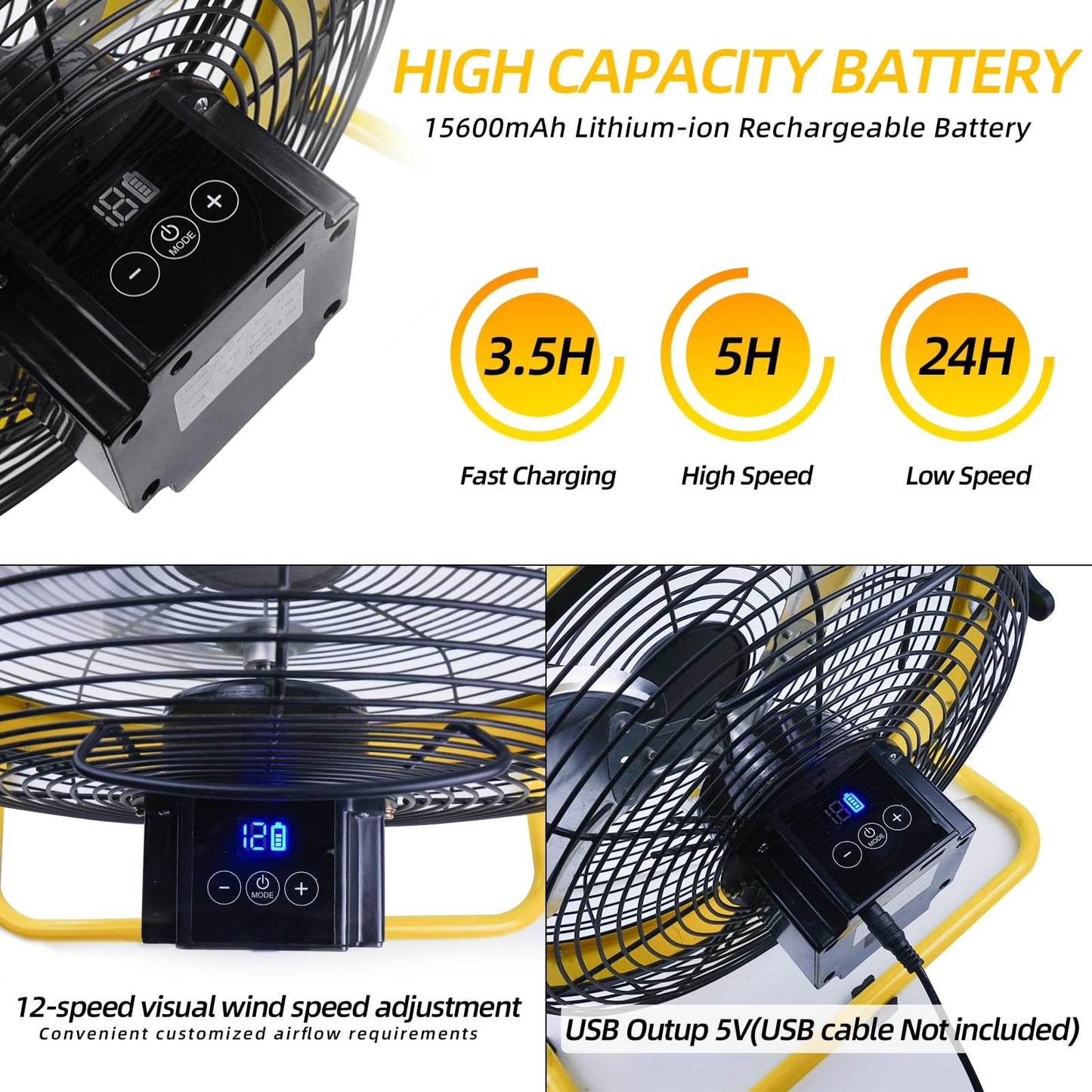 JONFLYER 12 Inch Portable Battery Operated Floor Fan, Rechargeable High-Velocity Cordless Fan with 12 Speed 360° Adjustable Tilt Quiet for Camping, Outdoor, Gazebo, Greenhouse, Gym, Garage