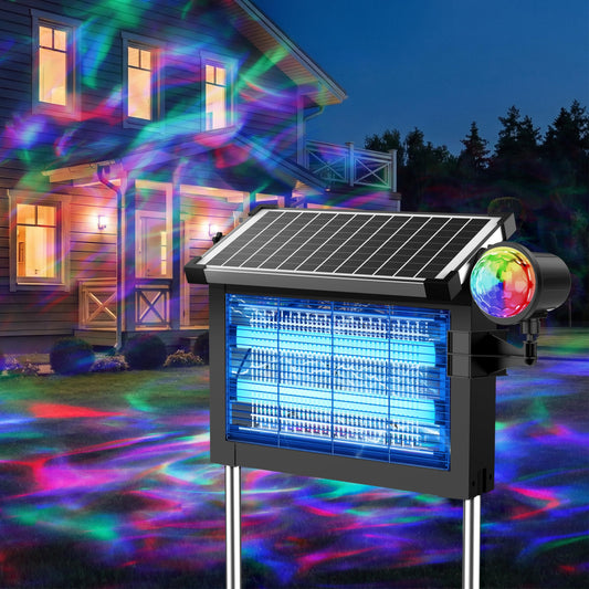 Solar Bug Zapper Outdoor, Rechargeable & Solar Powered, 4500V High Voltage for Effective Mosquito & Multi-Insect, 14-Color Projector Light, Waterproof for Camping Patio Courtyard Path Outdoor