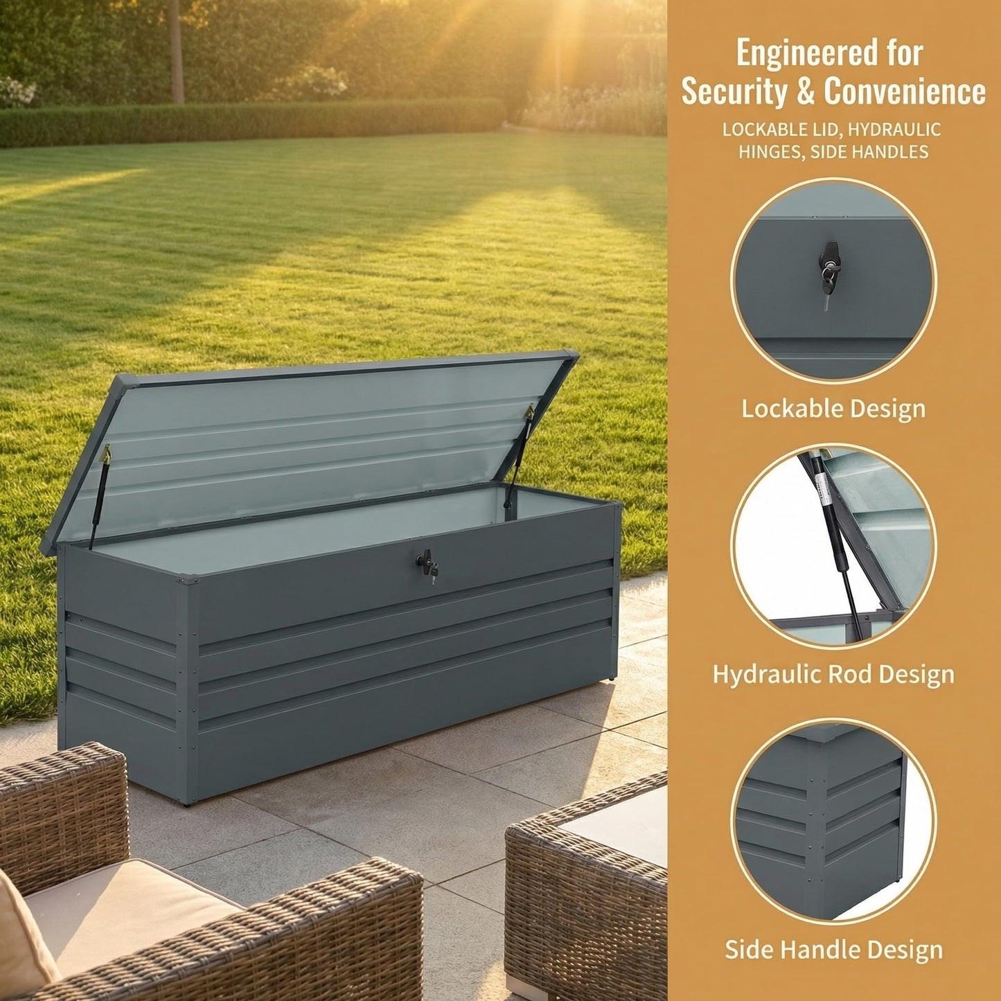 SYMCAVE 260 Gallon Metal Outdoor Storage Box, Large Lockable Deck Box with Hydraulic Lid, Weather Resistant Patio Storage Container for Furniture Cushions, Garden Tools, Pool Accessories,Dark Gray