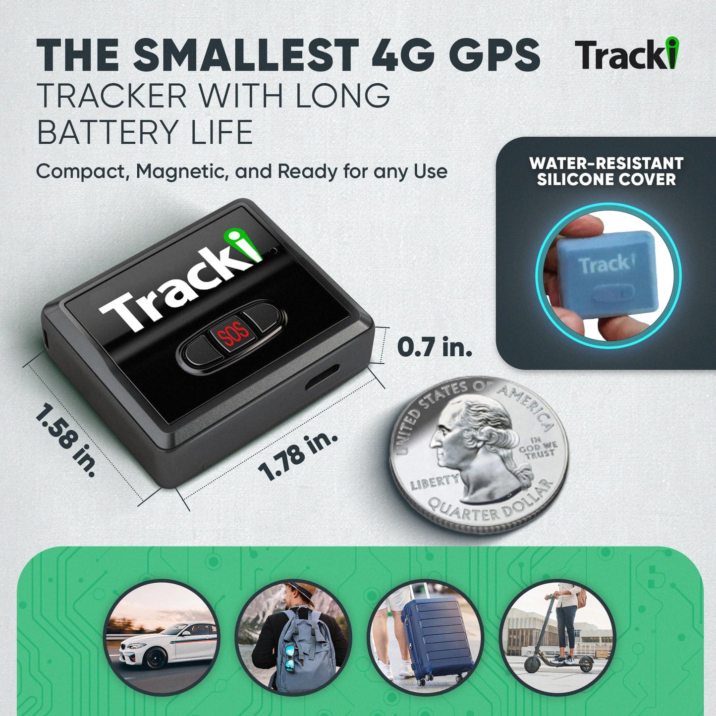 Tracki Mini GPS Tracker, 6-Month Subscription Included – Universal Compact 4G LTE Tracker for Vehicles, Bags, Luggage & Everyday Assets – SOS Button, App Alerts & 185+ Country Coverage