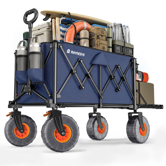 Beach Wagon with Big Wheels for Sand, 440lbs Wagons Carts Foldable with 9x4 All-Terrain Wheels, Rear Tailgate, 200L Capacity, Heavy Duty Collapsible Beach Cart for Garden Sports Camping Outdoor, Blue