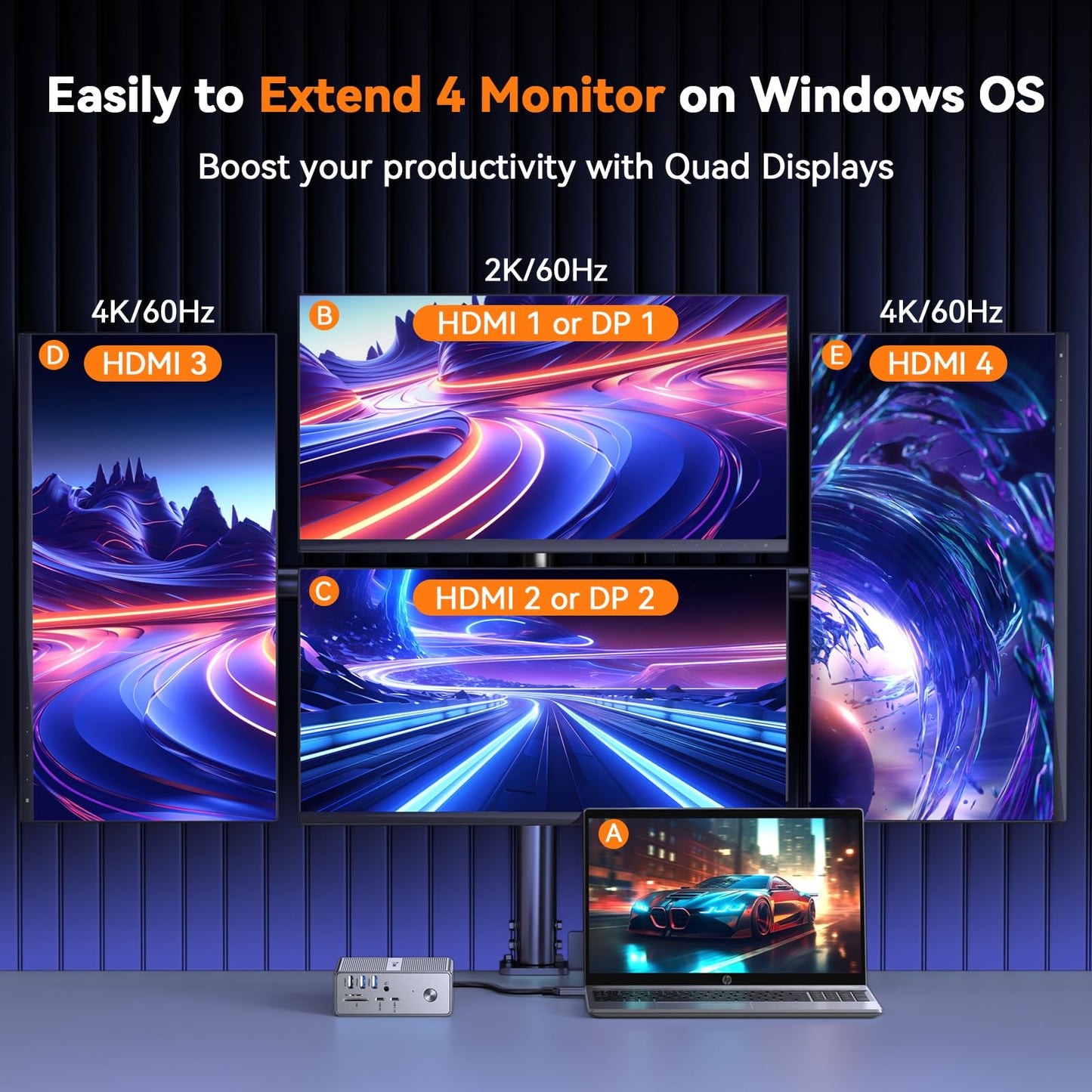 TobenONE DisplayLink Docking Station 4 Monitors with 4 HDMI, 10Gbps USB, 120W Power Supply, 18W Charging for Phone, Gigabit Ethernet, Compatible with macOS, Windows, Boost Multi-Tasking Productivity