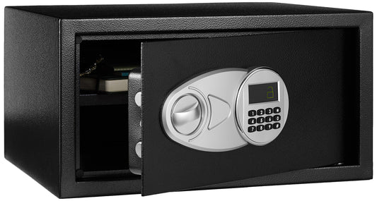 Amazon Basics Steel Security Safe Box with Digital Keypad, for Valuables, Cash, Jewelry, Documents, Removable Shelf, Black, 1 Cubic Foot, 16.9"x14.6"x9.1" (WxDxH)