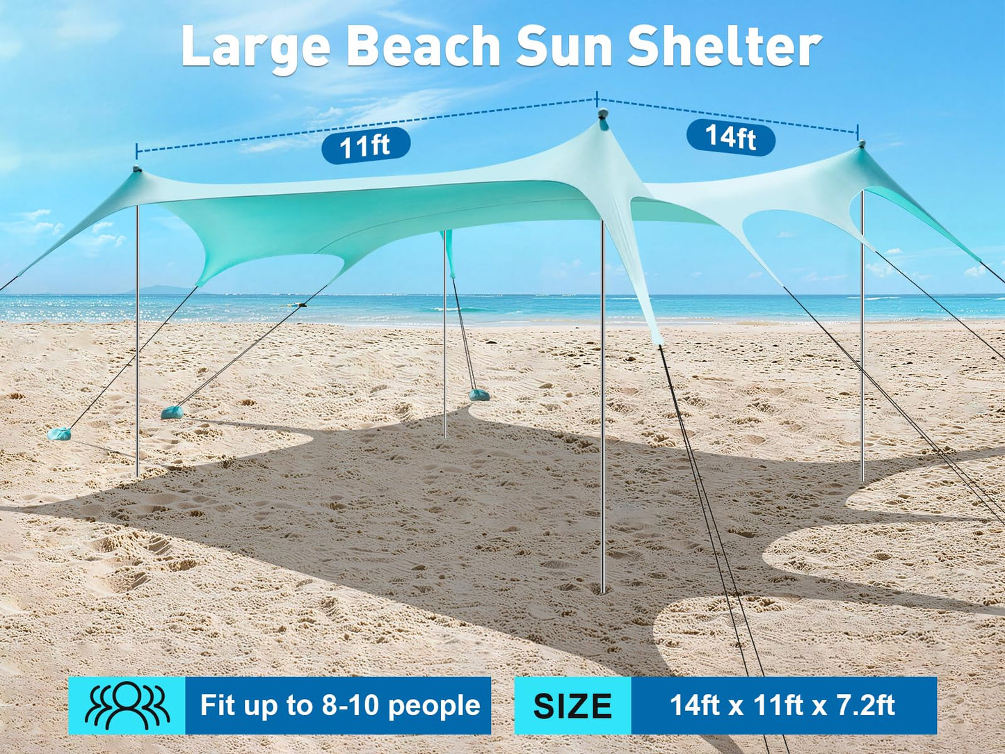 Beach Tent Shade Canopy, 14 x 11FT Oversized Beach Canopy with 8 Sandbags, UPF 50+ Protection Outdoor Beach Tent Sun Shelter for Camping Trips, Fishing, Backyard - Superior Wind Resistance