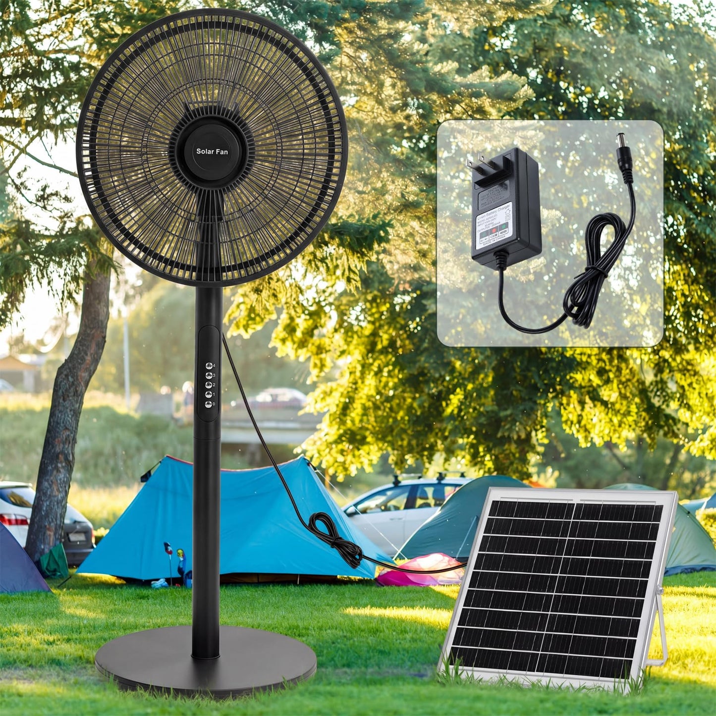 Grinsvalley 16 inch Solar Oscillating Standing Fan with Solar Panel, Portable Rechargeable Mobile Floor Fans, 14400mah Battery, Two Charging Methods, 4 Speeds, for Bedroom Study or Outdoor(Black)