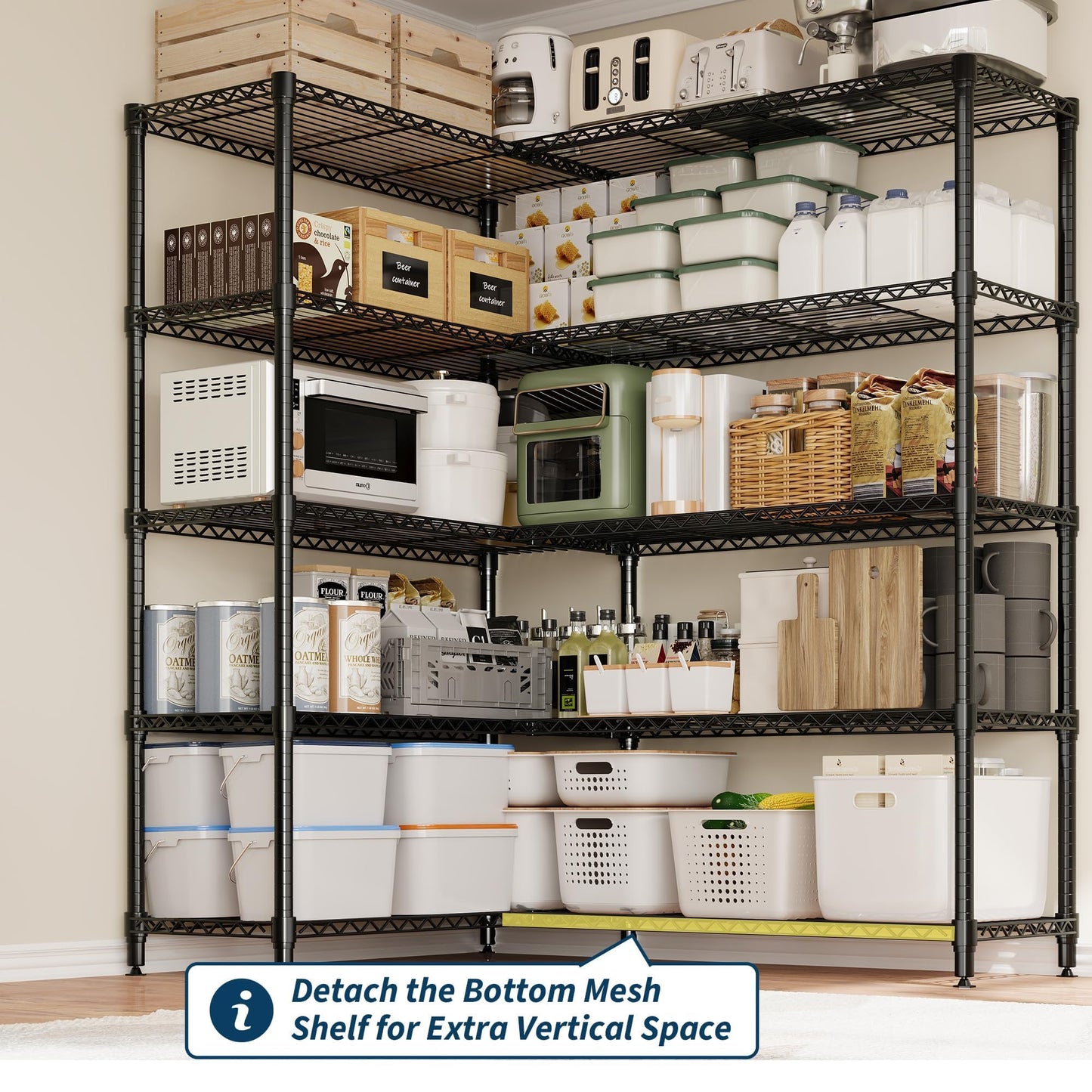5-Shelf Heavy Duty Metal Storage Rack, 71" Wide Adjustable Wire Shelving with 1325 lbs Load Capacity, L-Shaped Design for Garage, Kitchen, Pantry, Basement, and Warehouse, 70.5" H x 15.8" D