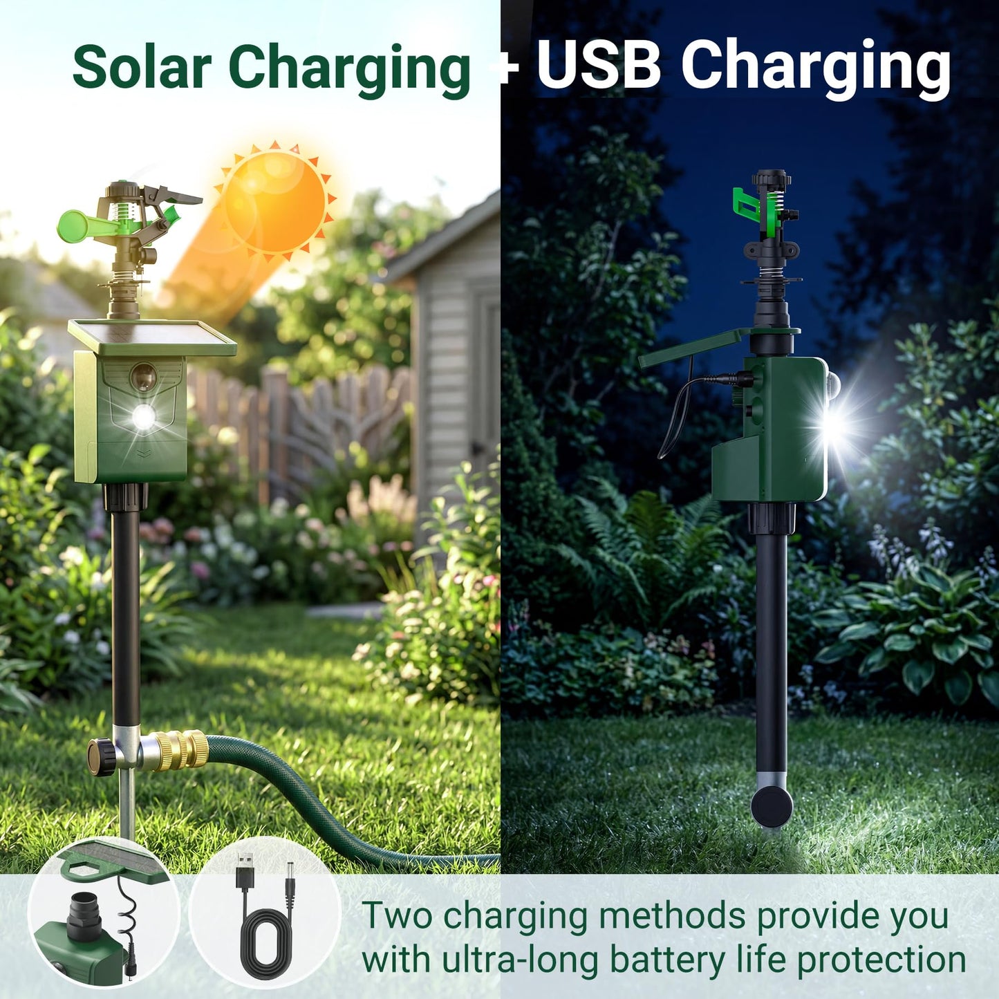 2 Packs Motion Activated Animal Repeller with Water Sprinkler, Solar Powered Deer Repellent Devices, IP65 Waterproof Cat Repellent Outdoor with Flashing Light, Deter Foxes Skunks Raccoons from Garden