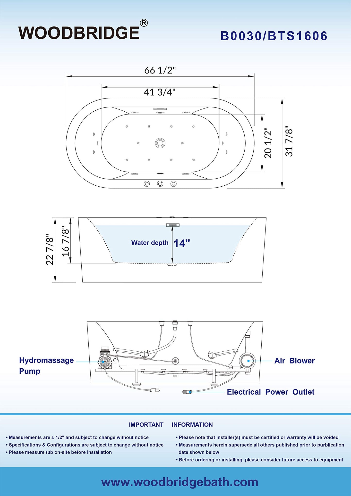 WOODBRIDGE 67" Air Bubble and Whirlpool Jetted Freestanding Bathtub B0030 / BTS1606