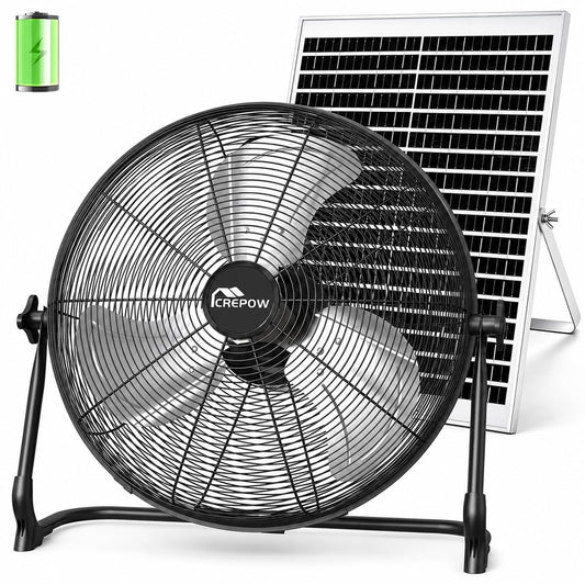 CREPOW 16" Solar Powered Floor Fan, Rechargeable Battery Operated Floor Fans with USB&Type C Output, 4-25H Runtime,Quiet Cordless Outdoor Fan for Outside Camping Greenhouse Shed Home Patio
