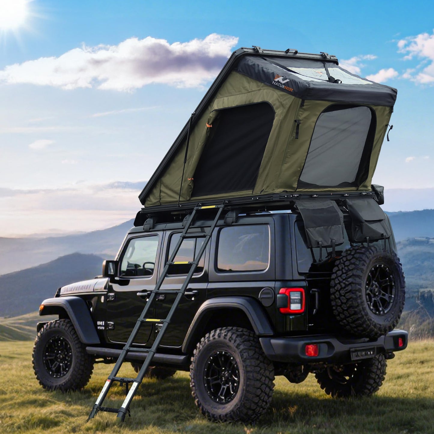 Naturnest Rooftop Tent Hard Shell, Easy Set Up Pop Up Tent for 2 Person Camping, Waterproof UV-Resistant Blackout Privacy 4 Season Tent for Truck, Jeep, SUV, Van, Trailer - Polaris 2