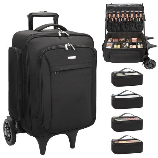 Relavel Rolling Makeup Case with 4 Small Makeup Bags, Large Make Up Travel Organizer with 2 big Wheels, Professional Lockable Makeup Artist Backpack with Adjustable Dividers for Daily Use - Black