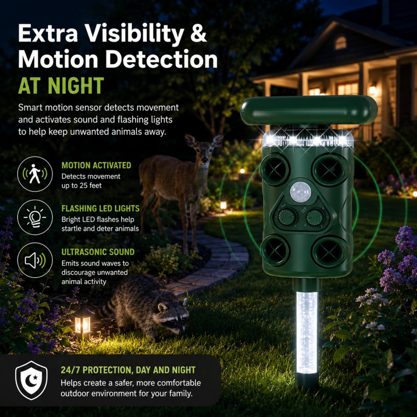 Solar Ultrasonic Deer Repellent Device – Animal & Raccoon Repellent Outdoor with Motion Sensor Flashing LED, IP54 Waterproof Wildlife Deterrent, 13.5–45.5KHz Dual Chip Pest Repeller 4PK