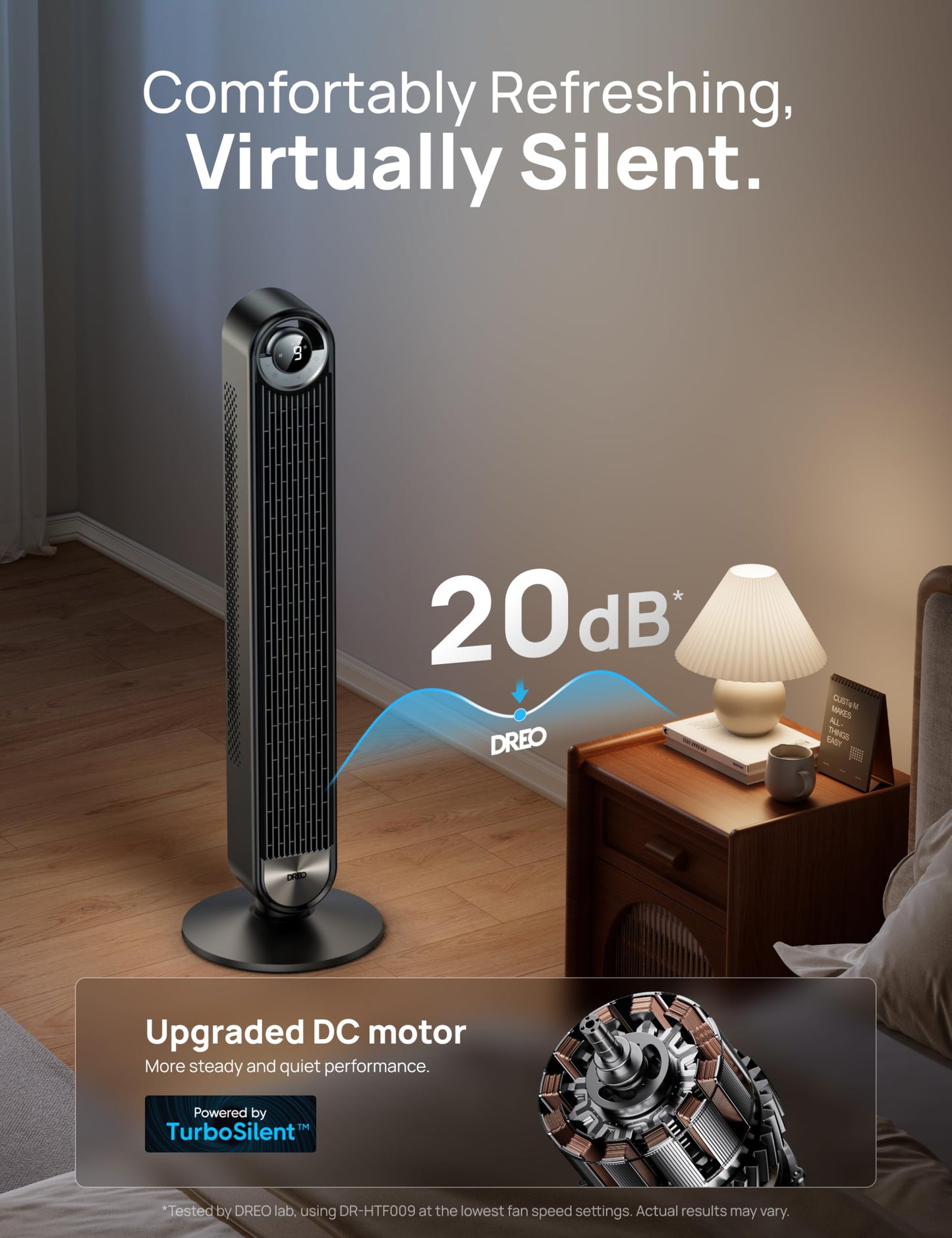 DREO Tower Fan for Bedroom, Upgraded DC 9 Speeds 20dB Ultra-Quiet Floor Fan, 90° Oscillating Fans with 28ft/s Velocity, 12H Timer, Standing Fan, Bladeless Fan Powerful for Home, Black