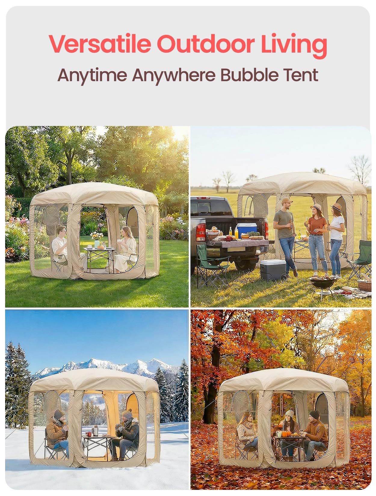 Porayhut Pop up Bubble Tent Screen House 10’X10’Large Camping Sun Shelter,Weather and Cold Proof Pod with Detachable Sunshade Cloth,Waterproof Floor,2 Zipper Doors & 4 Mesh Breathable Windows