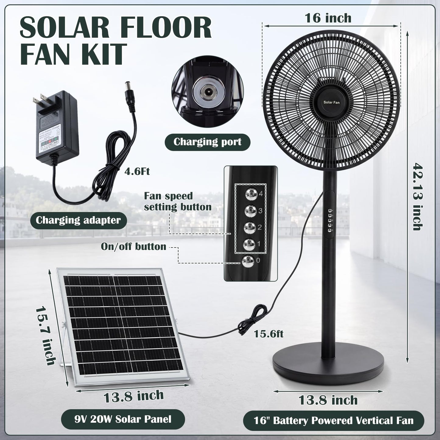 Grinsvalley 16 inch Solar Oscillating Standing Fan with Solar Panel, Portable Rechargeable Mobile Floor Fans, 14400mah Battery, Two Charging Methods, 4 Speeds, for Bedroom Study or Outdoor(Black)