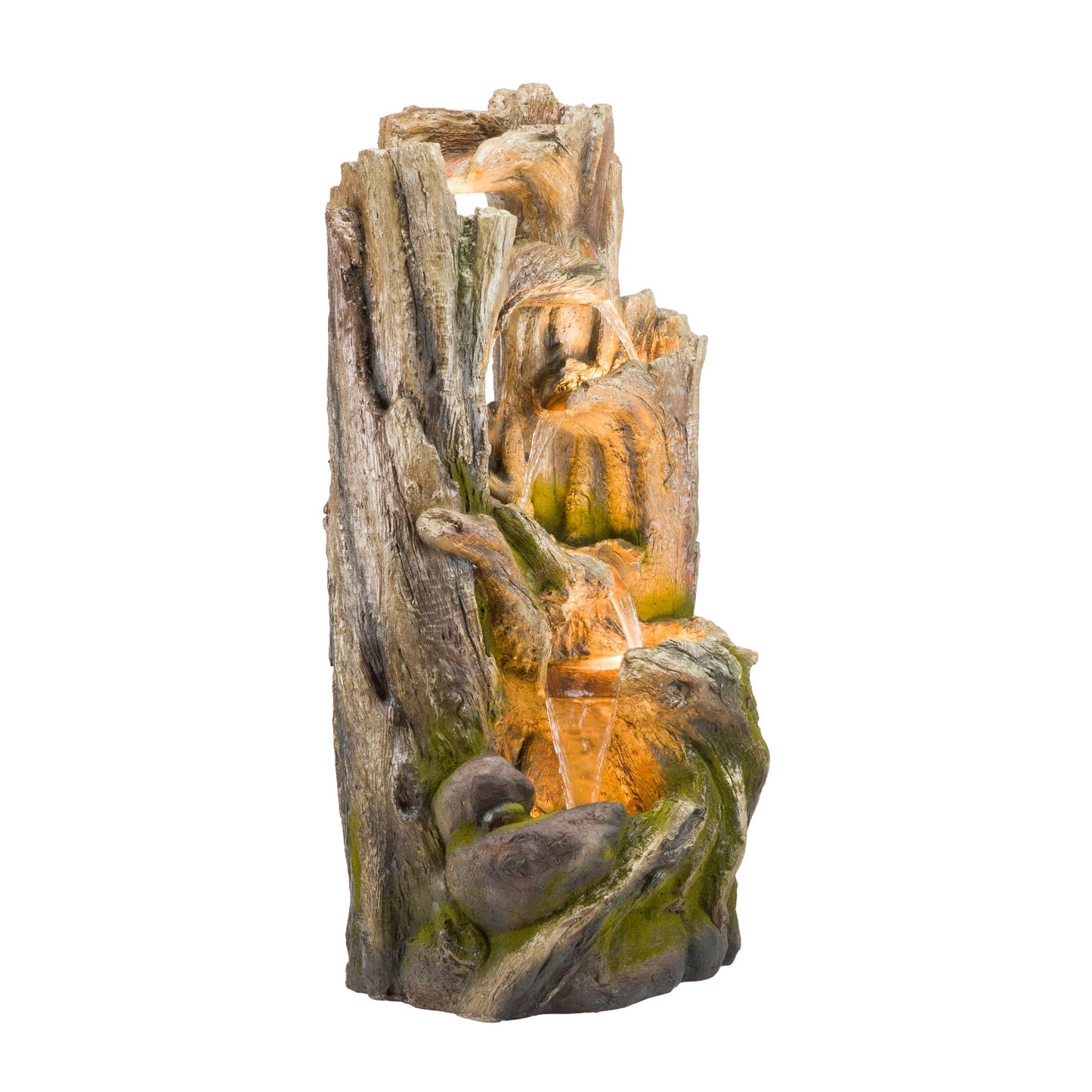 Alpine Corporation WIN1520 59" Indoor/Outdoor Floor 5-Tiered Tree Bark Water Fountain, Cascading Mossy Wood Waterfall Feature for Garden, Patio, and Yard, Brown