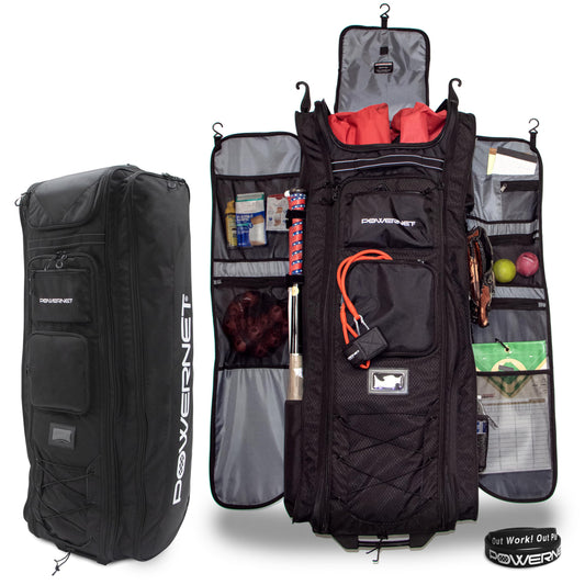 PowerNet All Gear Transporter Baseball Travel Bag, Rolling Duffle with Wheels & Handle for Baseball Accessories, Catchers Gear & Bats, Main Pocket Fits Four 7x7 Nets