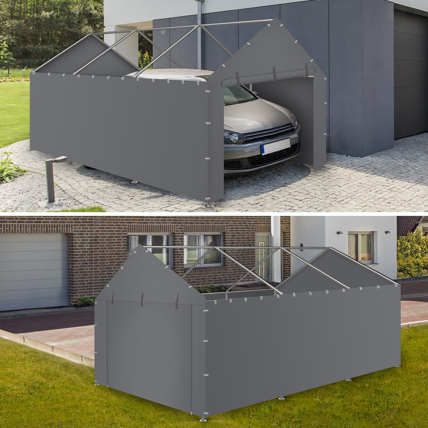 Carport Replacement Canopy Cover Sidewalls for 10x20x9.35FT Frame, Heavy Duty Garage Car Tent Shelter Tarp with Ball Bungees, Waterproof & UV Protected (Frame is not Included) (Grey)