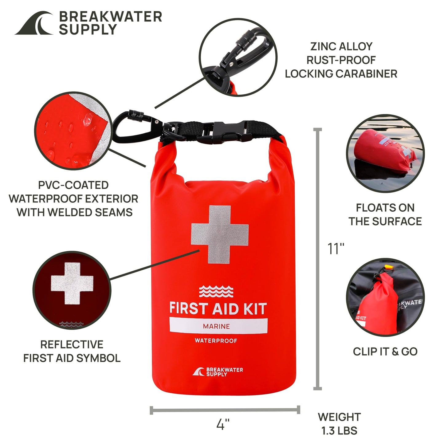 Breakwater Supply Waterproof Preparedness Pack, IP68 Submersible Airtight Backpack and Waterproof Marine First Aid Kit for Boating, Fishing, Kayaking (Fogland Lite 15L Stealth Black)