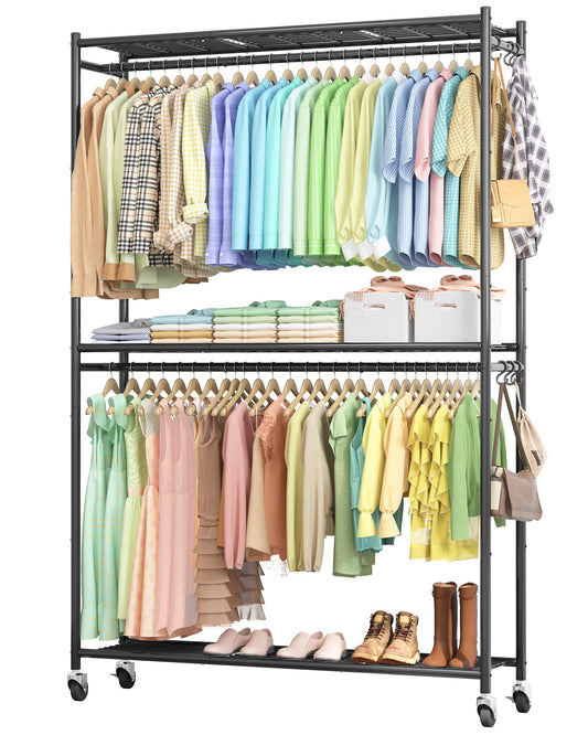 Sakugi Clothes Rack - 45.2" x 12.2" x 79.5" Clothing Rack with Shelves & Wheels, Multi-Functional Wardrobe Closet with Hooks, Sturdy Metal Garment Rack for Bedroom, Laundry, Balcony (Black)