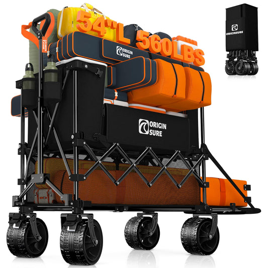 400L Double Decker Wagon Collapsible with 54" L Tailgate, 560lbs Heavy Duty Wagons Carts Foldable, Extra Large Folding Beach Wagon with Big All-Terrain Wheels for Camping, Sports, Groceries, Black